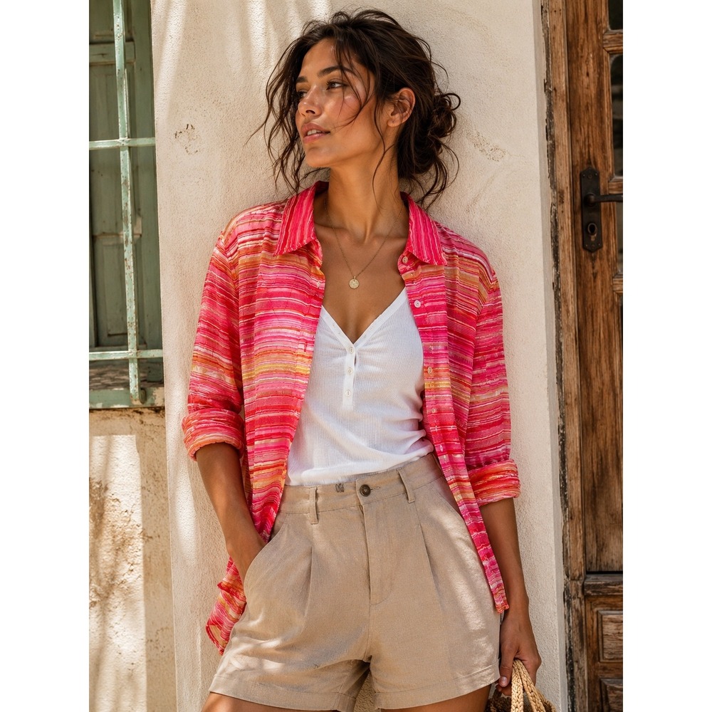 Vintage Choices Striped Button Down Shirt Pink Orange Texture Sheer Coastal Boho